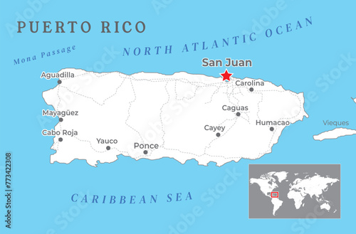 Puerto Rico Political Map with capital San Juan, United States territory in the northeastern Caribbean, with important cities photo