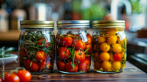Fresh tomatoes and other vegetables preserved in jars with herbs and spices.