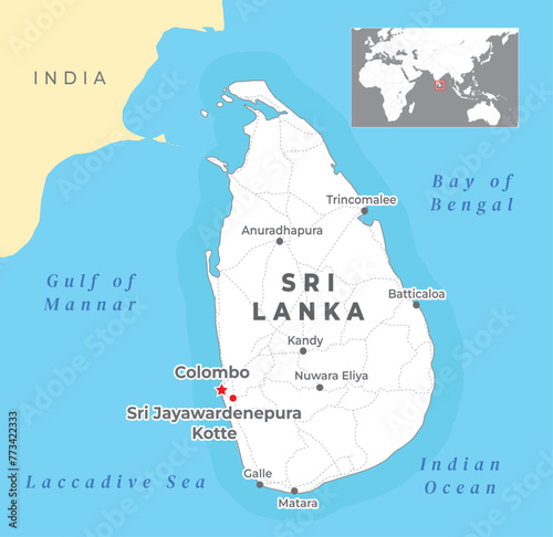 Sri Lanka Political Map with capital Colombo and Sri Jayawardenepura Kotte, most important cities. photo