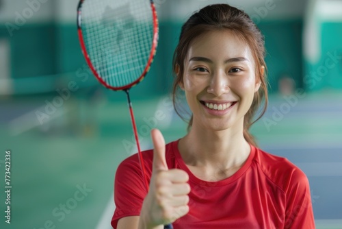 A cheerful woman in a red sports tee is joyfully giving a thumbs up while holding a tennis racket