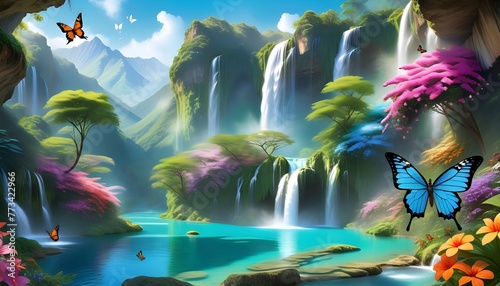 Enchanted forest landscape with waterfalls  lake  and colorful butterflies  ideal for fantasy backgrounds.