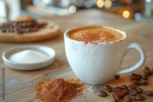 A cup of cappuccino sits on the table  with some sugar next to it and an empty small plate.