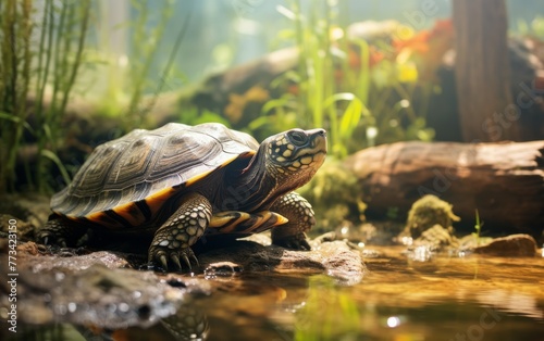 A serene turtle sits peacefully on a rock by the waters edge