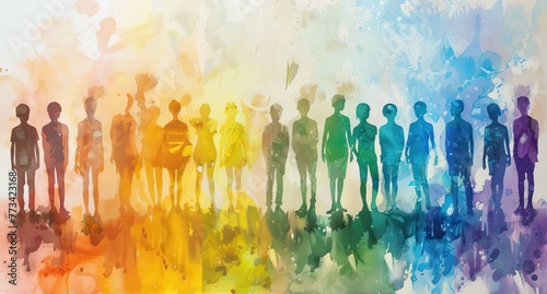A group of diverse people silhouette in new normal wearing masks. AI generated illustration