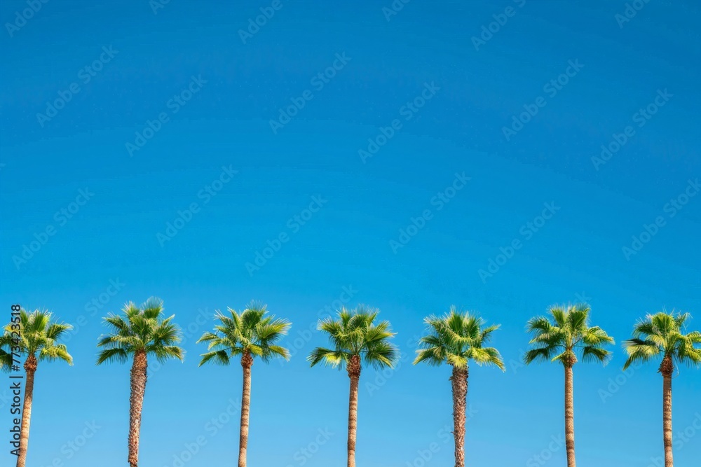 A straight row of tall palm trees standing against a clear blue sky A straight row of tall palm trees standing against a clear blue sky