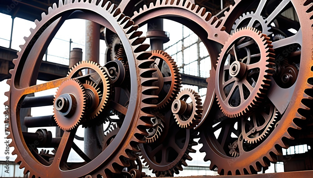 Obraz premium Interlocking industrial gears and cogs with a focus on mechanical complexity and engineering.