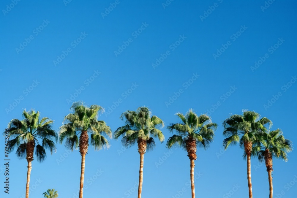 Multiple palm trees standing in a row against a clear blue sky
