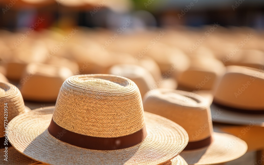 A row of colorful hats perched gracefully on a rustic wooden bench