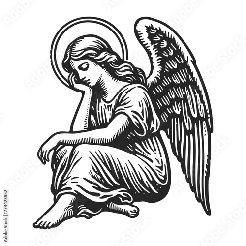 Pensive bored angel sketch engraving generative ai fictional character vector illustration. Scratch board imitation. Black and white image.