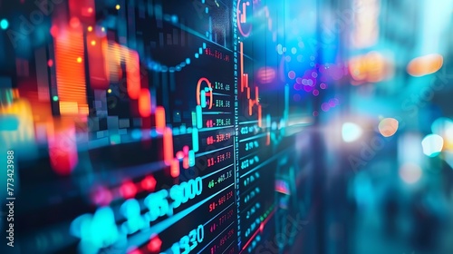 Stock market exchange examining the different stocks, Financial market numbers & data on digital screen. Close up, 3D rendered, illustration