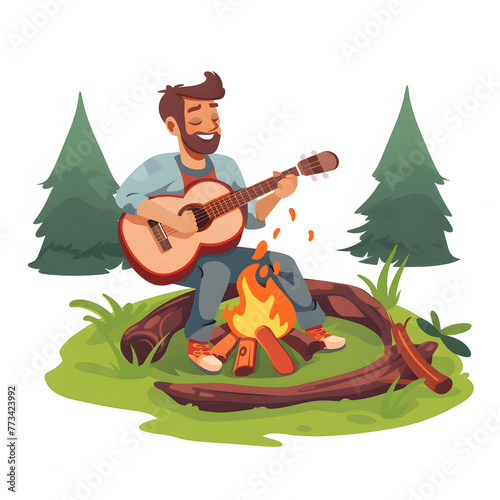 A man playing guitar around a campfire isolated on white background, simple style, png
 photo
