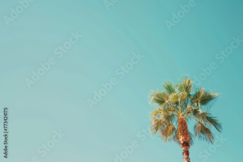 A tall palm tree stands against a clear blue sky, creating a striking and serene tropical scene © pham