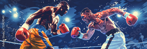 Boxing match in the ring at the Olympic Games. African-American boxer enters into a fight with a Caucasian athlete. Splashes convey dynamics. Stylized boxing banner