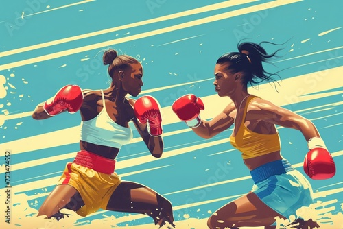 Olympic fight of women boxers of different races. Two female boxers fight at the Olympic Games. Stylized sports boxing poster photo