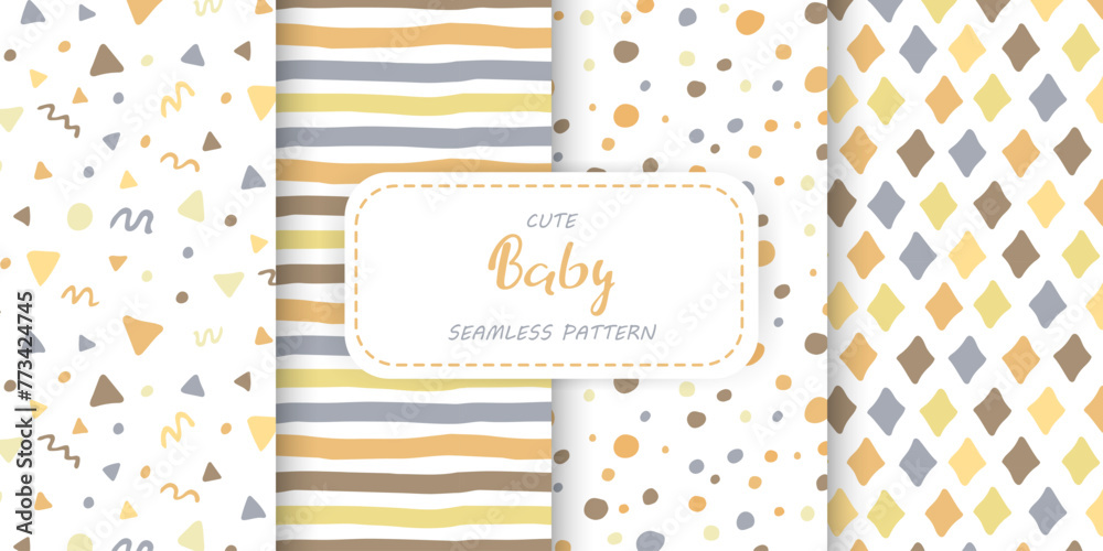 Set of seamless patterns for baby in neutral colors. Hand drawn doodle geometric shapes on white ornament. Cute pattern for design of children's wallpaper, clothing