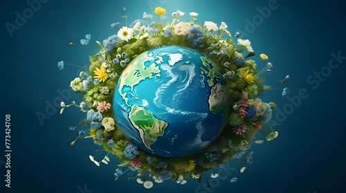 The earth surrounded by green plants and flowers. © Vlad Kapusta