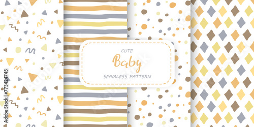 Set of seamless patterns for baby in neutral colors. Hand drawn doodle geometric shapes on white ornament. Cute pattern for design of children's wallpaper, clothing