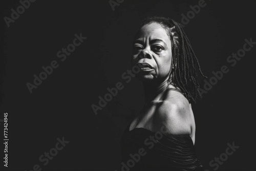 A woman with dreadlocks is standing in front of a black background