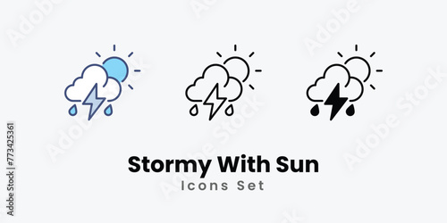 Stormy With Sun icon thin line and glyph vector icon stock illustration