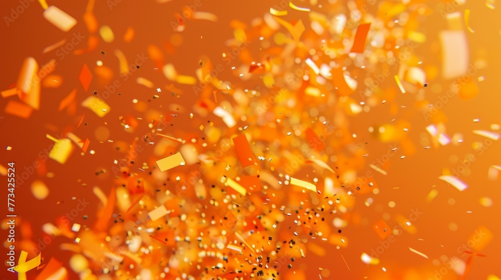 falling gold glitter foil confetti, on orange background, holiday and festive fun concept. High quality photo