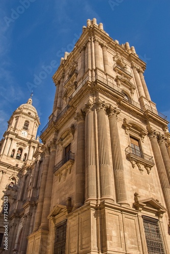 Málaga Cathedral (Catedral de la Encarnación de Málaga), catholic church with beautiful blue sky without people, south Spain, Europe