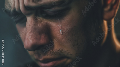 In a close-up, a man appears deeply saddened, with a single tear rolling down his cheek.