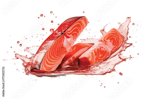 Raw steak of salmon, trout, slice of fresh raw fish isolated on white background with clipping path vector art painting