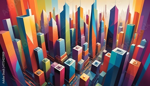 Colorful abstract cityscape illustration with geometric skyscrapers and vibrant hues  suitable for modern urban design concepts.