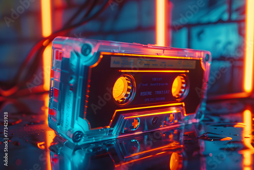 Glowing Neon Retro Audio Cassette on Vibrant Background: Music of the Past