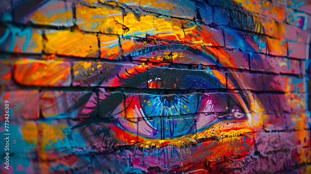 Ethereal Vision: Colorful Eye Graffiti Adorns Brick Wall