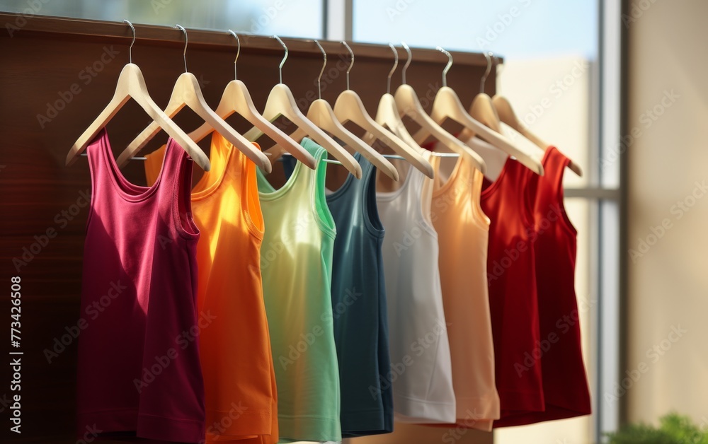 Colorful shirts lined up neatly on a display rack