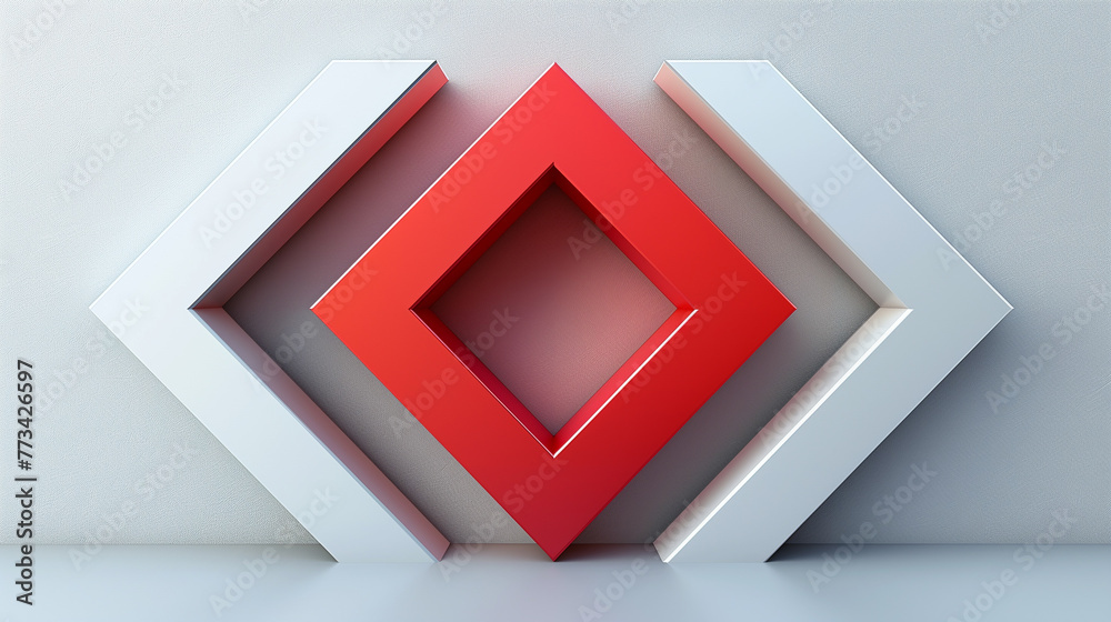 Abstract geometric 3D art with red and white squares creating an optical illusion on a neutral background.