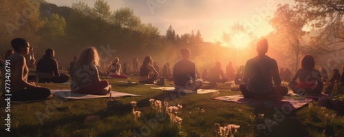 A group of people in a serene autumn park practicing yoga together