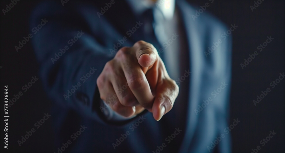 Businessman pointing with his finger at the camera, close up of hand and suit on isolated background. Generative ai Businessman pointing with his finger at the camera, close up of hand and suit on isolated background. Generative ai