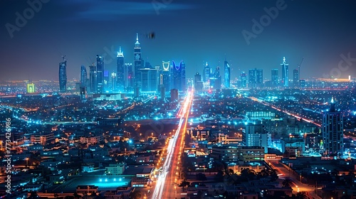 Vibrant City Nightscape Lights Up with Bustling Streets and Towering Skyscrapers at Dusk. Urban Photography in a Modern Metropolis. Skyline View with Dynamic Lighting. AI