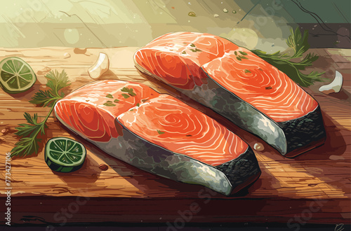 Raw steak of salmon, trout, slice of fresh raw fish isolated on white background with clipping path vector art painting