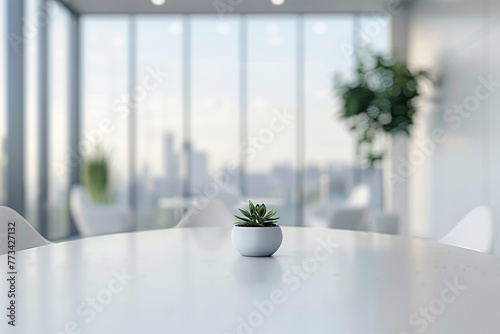 Blurred background of a modern office interior with panoramic windows and a round table for a meeting or conference in a minimalistic style, generative ai
