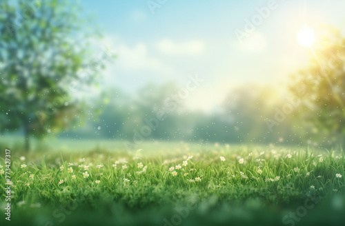 Beautiful blurred background of spring nature green grass meadow in a park on a sunny day with bokeh, banner for copy space, generative ai © Lathd