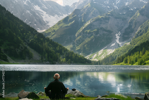 senior man meditates on the shore of an alpine lake, wearing black, he sits in lotus position with his back to the camera. The mountain landscape is beautiful