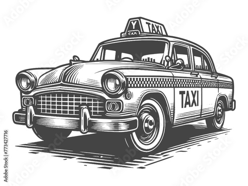 Taxi car sketch engraving generative ai vector illustration. Scratch board imitation. Black and white image.