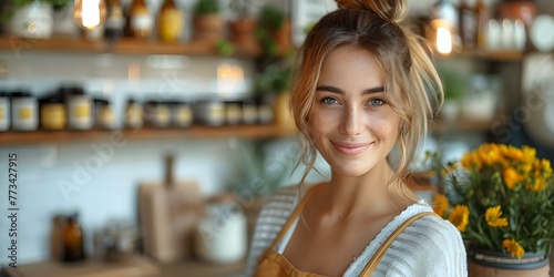 Active woman in kitchen taking medicine from shelf smiling showing healthy habits and selfcare. Concept Healthy Habits, Selfcare, Kitchen Lifestyle, Medicine Management, Smiling Portrait photo
