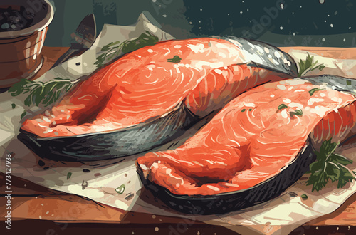 Raw steak of salmon, trout, slice of fresh raw fish isolated on white background with clipping path vector art painting