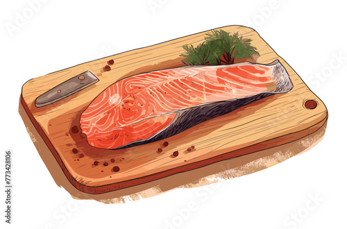 fresh raw salmon on wooden cutting board vector art painting