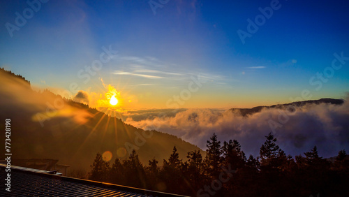 A captivating sunrise scene in late winter at the observation deck of National Taipingshan Forest Recreation Area  Ilan county  northeastern Taiwan.