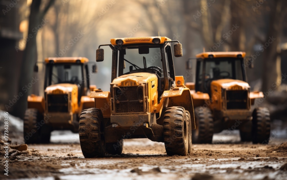 A line of vibrant yellow tractors sits atop a muddy road, ready for action
