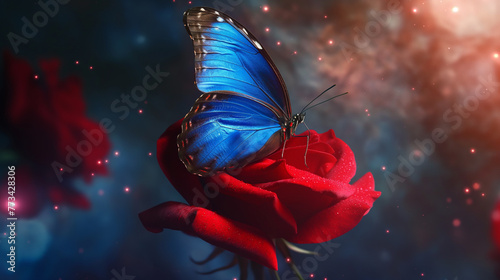 Borboleta Azul pousada em uma rosa no espaço - Papel de parede photo