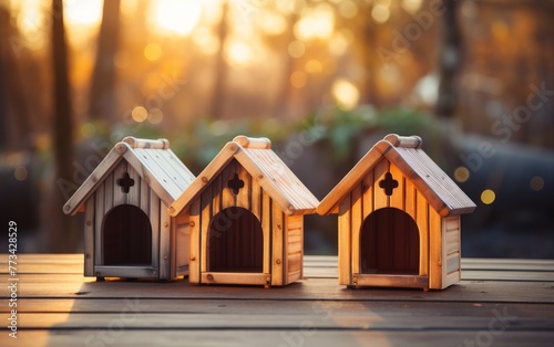 Three small wooden dog houses arranged neatly on a table