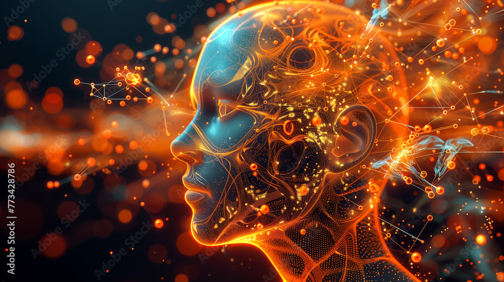 Fototapeta premium Digital human head with glowing neural network, concept of artificial intelligence and machine learning.