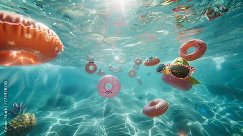 Underwater view with sunbeams, floating pool toys, and clear blue water.