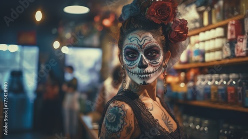 A dramatic Mardi Gras scene-a girl adorned with sugar skull makeup, a captivating blend of beauty and eerie celebration.